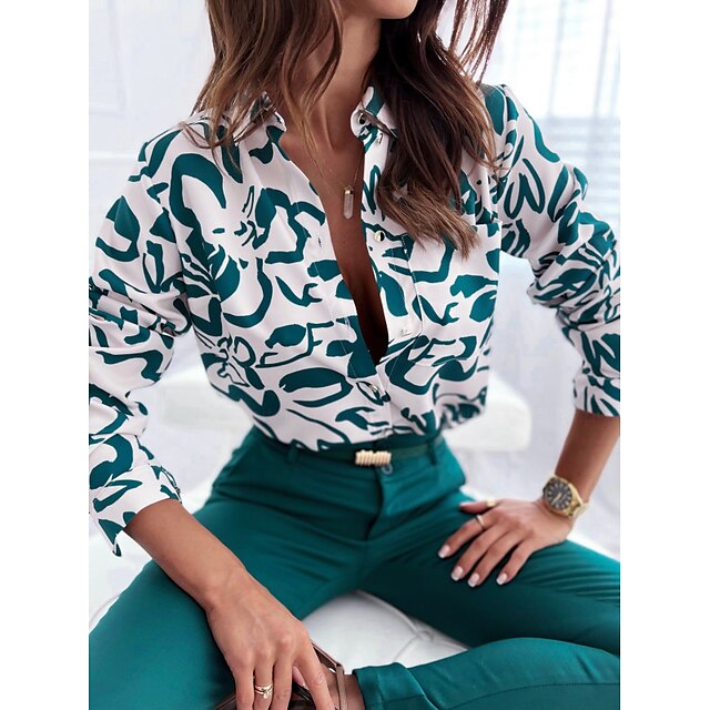 Women's Blouse Shirt Green Pocket Print Graphic Casual Daily Long Sleeve Shirt Collar Elegant S