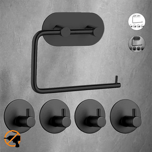 Self Adhesive Toilet Paper Holder and 4pcs Robe Hooks Stainless Steel Contemporary Bathroom Accessory Set Wall Mounted 12