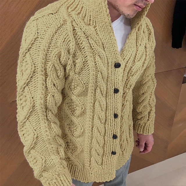 Men's Sweater Cardigan Cable Knit Knitted Solid Color Stand Collar ...