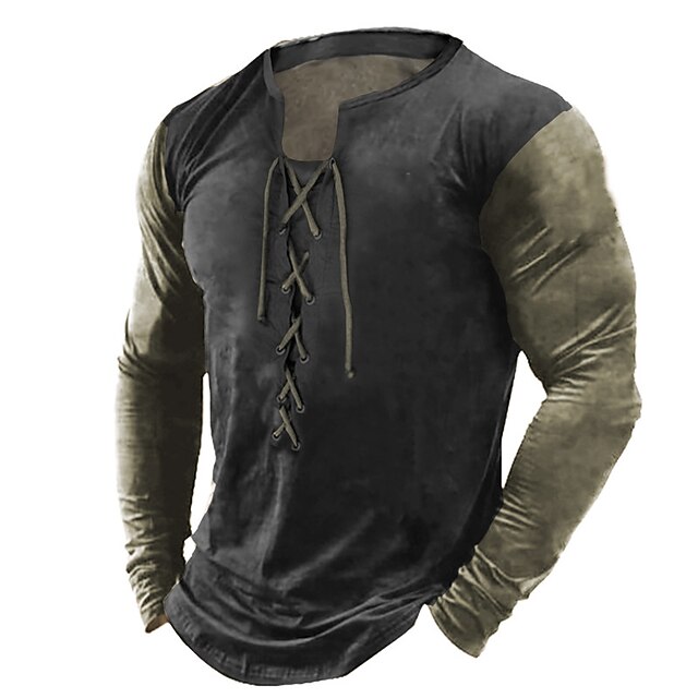 Men's T Shirt Long Sleeve Shirt Long Sleeve V Neck Spring &  Fall Color Block Raglan Sleeve Fashion Streetwear Designer Lace up Outdoor Vacation Street Army Green Brown Top Tee for Men3