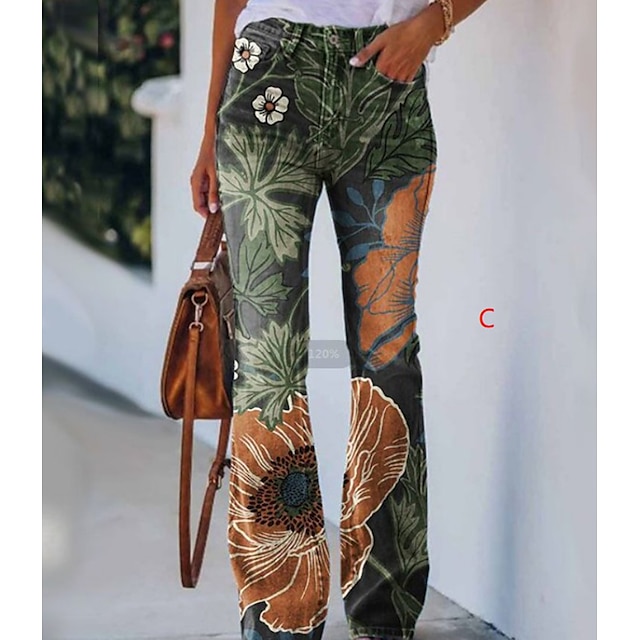  Women's Jeans Flared Pants Bell Bottom Fashion Full Length Skull Flower / Floral Side Pockets Wide Leg Print Comfort Micro-elastic Halloween Weekend Blue Red Purple Green Regular Fit