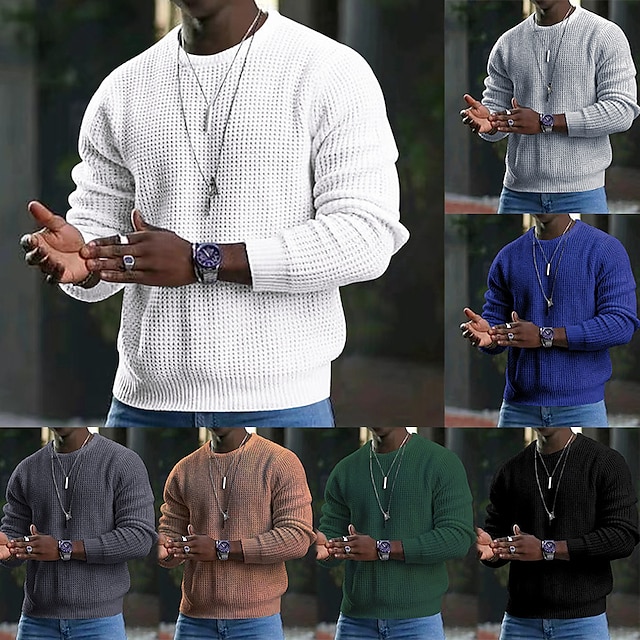  Herr Tröja Pullover tröja Ribbad Virkad Sticka Beskuren Stickat Ensfärgat Rund hals Stylish Grundläggande Utomhus Dagligen Kläder Höst Vinter Svart Vit S M L