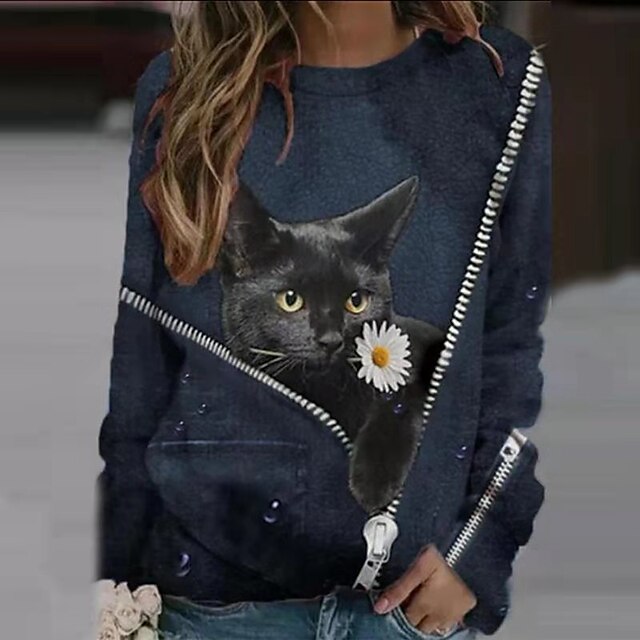  Women's Sweatshirt Pullover Print Active Streetwear Black Navy Blue Blue Cat 3D Daily Long Sleeve Round Neck