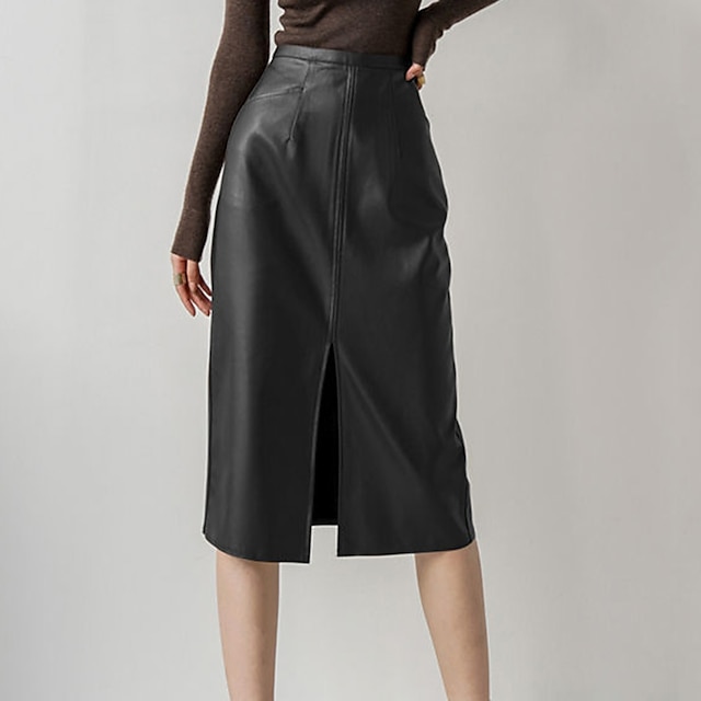  Women's Skirt Work Skirts PU Leather Midi Black Skirts Split Office / Career Casual Daily Fashion S M L