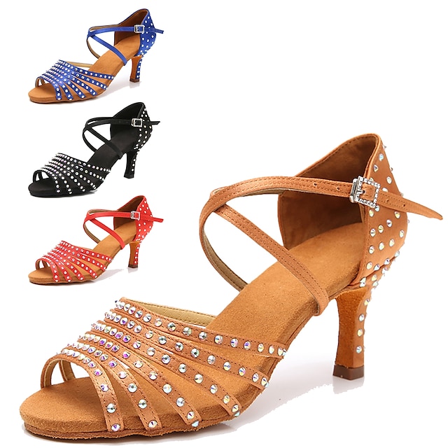  Pentru femei Încălțăminte latină Pantofi Salsa Pantofi De Dans Interior Performanță ChaCha Sandale de cristal Profesional Brant mai moale Toc Înalt Vârf deschis Buclă Adulți Negru Rosu Maro