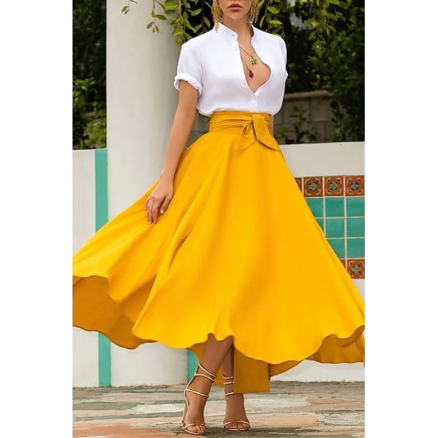  Mujer Falda Columpio faldas de trabajo Falda larga Maxi Faldas Color sólido Rendimiento Casual Diario Otoño Mezcla de Algodón Ropa de calle Amarillo Rojo Naranja