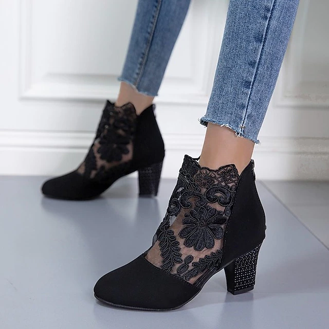 Women's Black Lace Embroidered Ankle Boots with Block Heel - Elegant Footwear for Evening Events 12