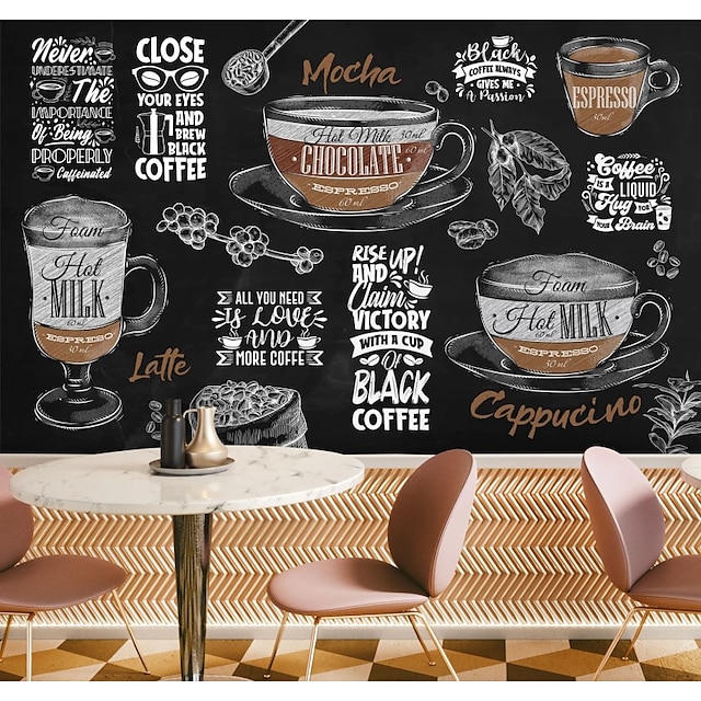  3d vægmaleri cafe butik tapet kaffe vægklistermærke, der dækker print peel and stick aftageligt pvc / vinyl materiale selvklæbende / klæbende påkrævet vægdekoration vægmaleri til stue soveværelse