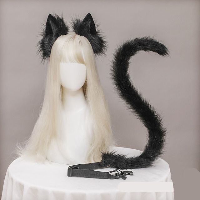  Accesorios de disfraz de orejas de gato y cola, clips de oreja de anime, diadema, cola negra, disfraz de gato largo, conjunto de orejas de animal, clip de pelo para mujer, kit de accesorios de
