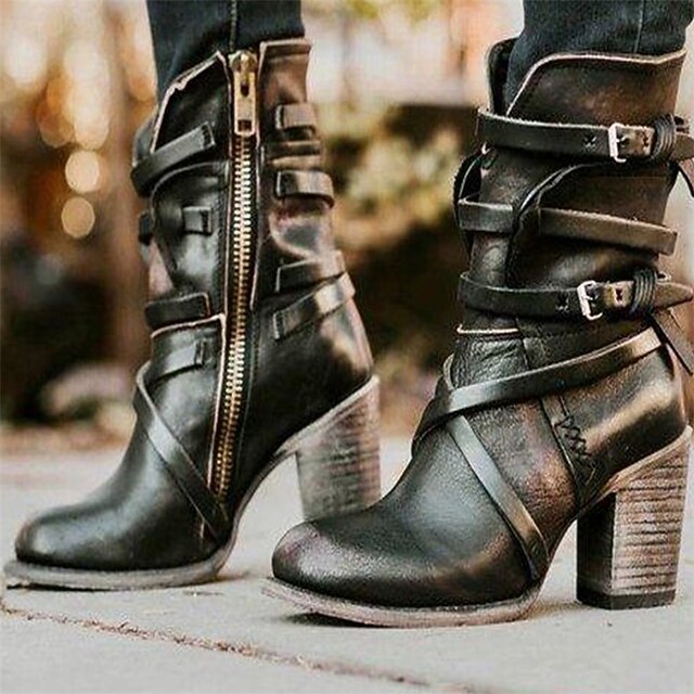 Women's Black Faux Leather Ankle Boots with Zipper and Strap Detailing, Stylish Mid-Heel Boots