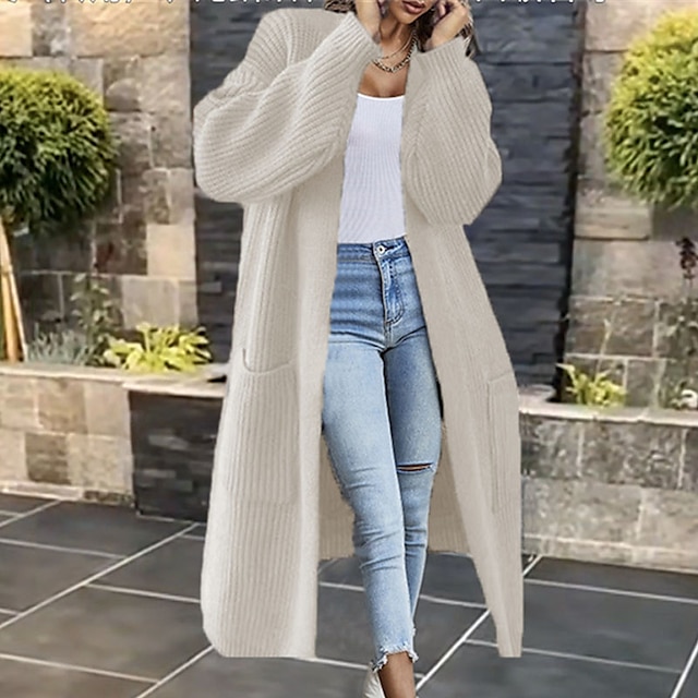  Women's Cardigan Sweater Jumper Ribbed Knit Pocket Knitted Tunic Open Front Pure Color Outdoor Daily Stylish Casual Winter Fall Fuchsia Khaki S M L / Long Sleeve / Regular Fit / Going out