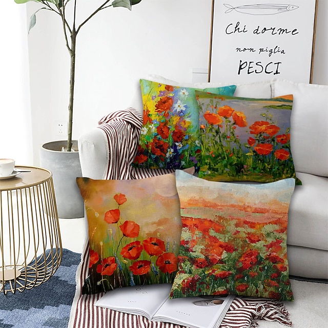  Set of 4 Artistic Flowers Square Decorative Throw Pillow Cases Sofa Cushion Covers  Home Sofa Decorative  Faux Linen Cushion Cover for Sofa Couch Bed Chair Red