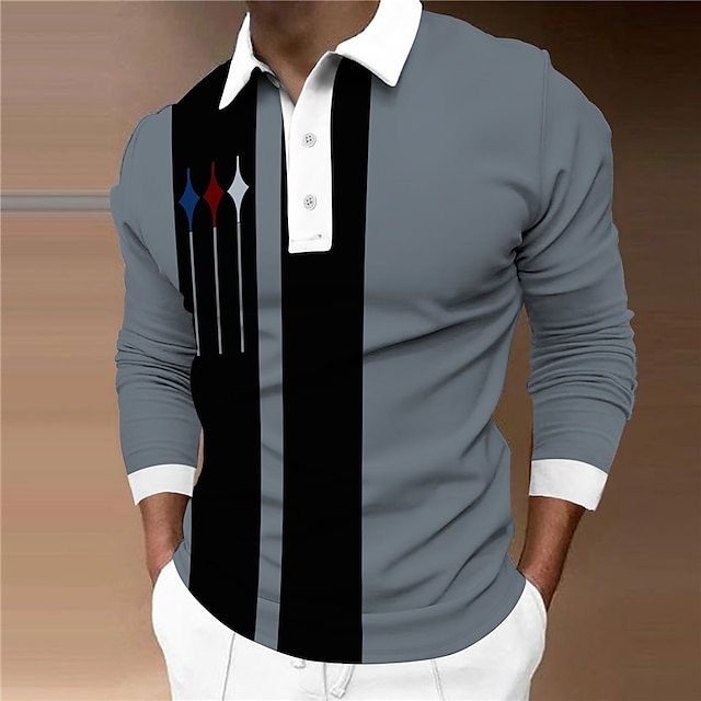  Men's Polo Shirt Golf Shirt Street Casual Polo Collar Long Sleeve Designer Basic Striped Button Front Button-Down Spring &  Fall Regular Fit White Pink Navy Blue Light Grey Gray Polo Shirt
