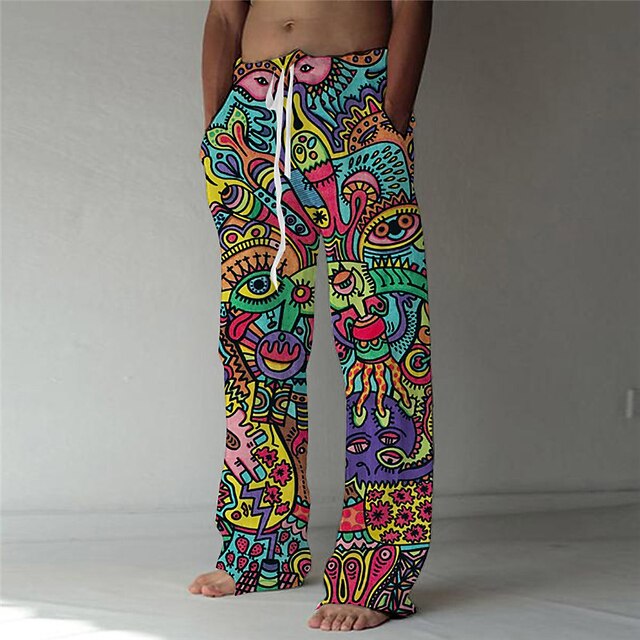 Men's Trousers Summer Pants Beach Pants Boho Pants Pocket Drawstring Elastic Waist Graphic Prints Comfort Breathable Casual Daily Holiday Streetwear Designer Pink Rainbow3
