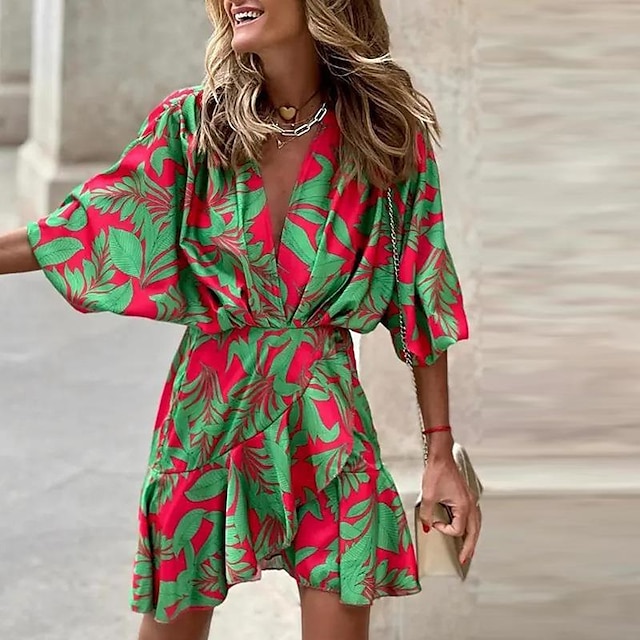  Femme Mini robe Robe casual mode Moderne Décontractées Vacances du quotidien Sortie Standard Floral Imprime Demi Manches Col V Noir Rouge Orange Vert Eté Printemps