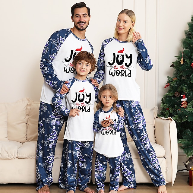 Family Pajamas Cotton Letter Home Blue Long Sleeve Daily Matching Outfits