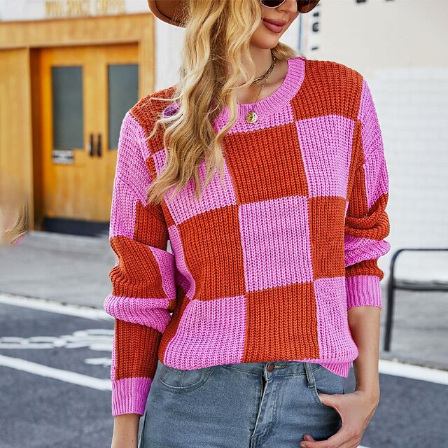  Women's Pullover Sweater Jumper Ribbed Knit Knitted Crew Neck Color Block Outdoor Daily Stylish Casual Fall Winter White / Black Pink S M L / Long Sleeve / Check / Holiday / Regular Fit / Going out