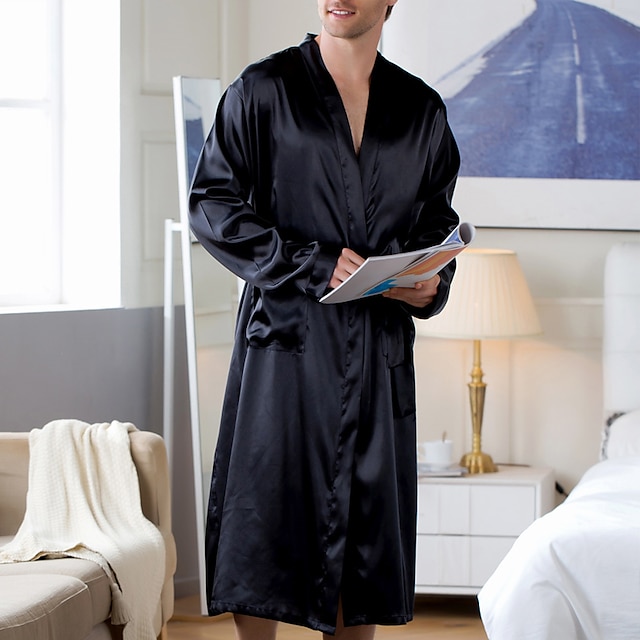  Herren Morgenmantel Seidenrobe Schlafanzüge Kimono aus Seide 1 pc Einfarbig Modisch Komfort Weich Heim Bett Kunstseide Polyester Atmungsaktiv V-Wire Ausschnitt Langarm Grundlegend Herbst Frühling