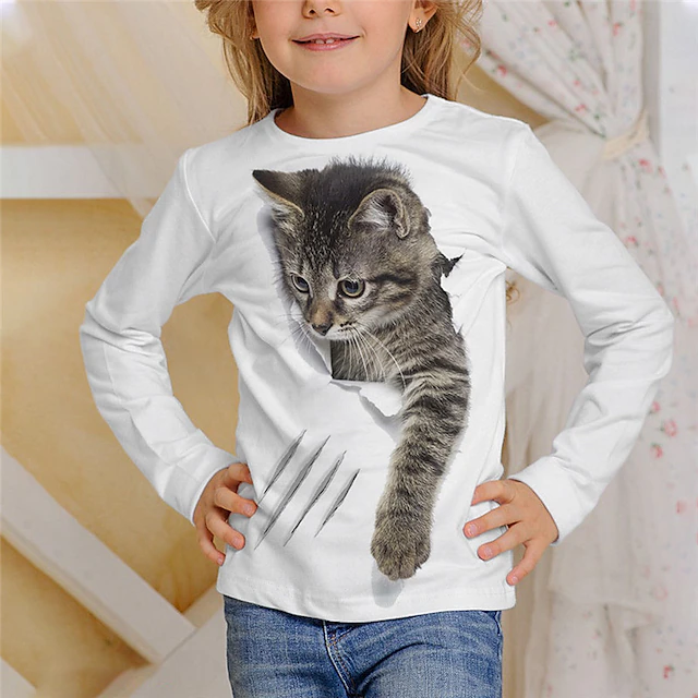 Girls' 3D Animal Cat T shirt Long Sleeve 3D Print Fall Winter Active Sports Fashion Kids 3-12 Years Outdoor Daily Indoor Regular Fit 9
