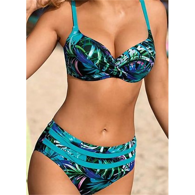  Women's Swimwear Bikini 2 Piece Normal Swimsuit Leaf Backless Push Up Printing High Waisted Blue V Wire Bathing Suits Vacation Sexy New