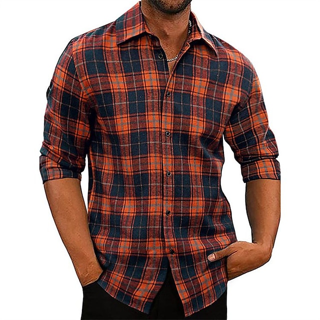Men's Shirt Button Up Shirt Plaid Shirt Summer Shirt Black Orange Long ...