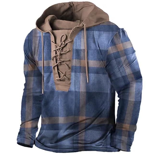  Men's Unisex Pullover Hoodie Sweatshirt Blue Hooded Plaid Graphic Prints Print Lace up Sports & Outdoor Daily Sports 3D Print Designer Casual Big and Tall Spring &  Fall Clothing Apparel Hoodies