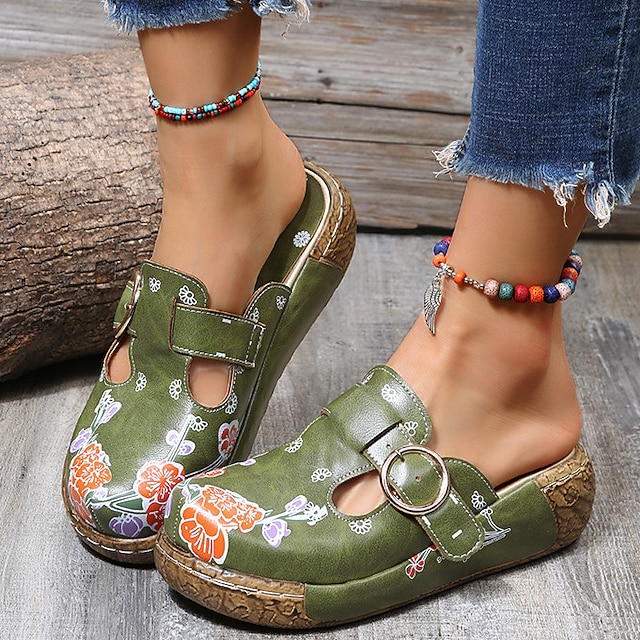 Women's Floral Embroidered Slip-On Clogs with Buckle Detail and Wedge Heel - Comfortable Vintage Casual Shoes 9