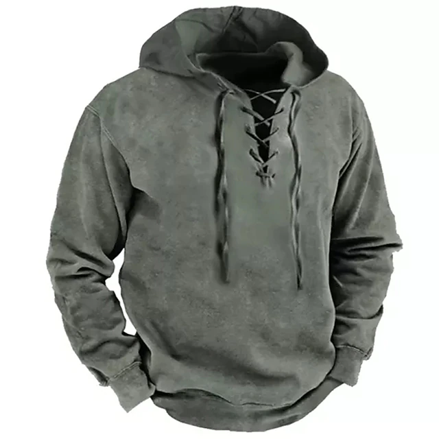 Men's Hoodie Pullover Tactical Gray Hooded Solid Color Lace up Going out Streetwear Streetwear Cool Casual Fall Winter Clothing Apparel Hoodies Sweatshirts Long Sleeve2