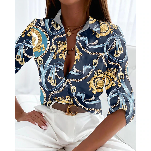 Women's Shirt Button Down Tunic Shirt Collar Long Sleeve Vintage Streetwear Casual s Print Regular Tops Daily Weekend Black Pink Blue Spring Fall 10