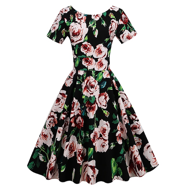  רטרו\וינטאג' שנות ה-50 שמלת נדנדה שמלת התלקחות באורך  הברך בגדי ריקוד נשים פרחוני צווארון עגול נשף מסכות מפלגה מסיבת תה יום יומי\קז'ואל שמלה
