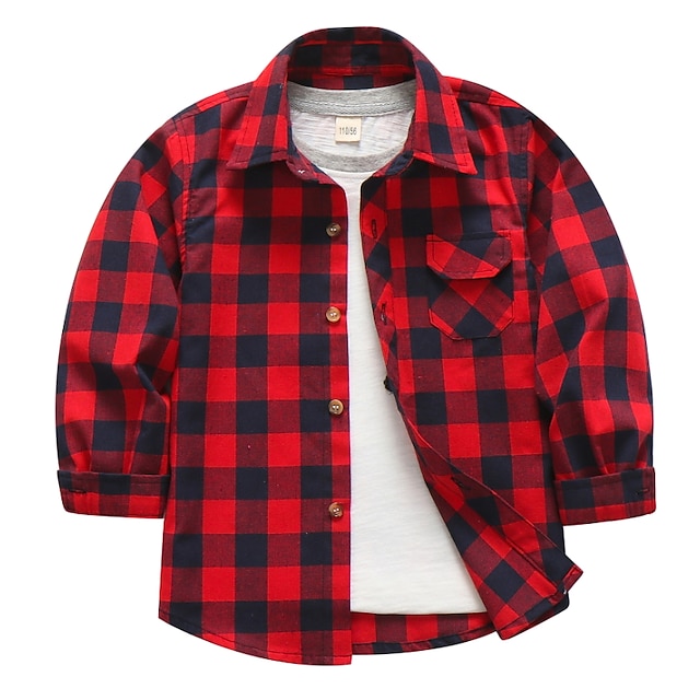  Boys 3D Plaid Shirt Long Sleeve Fall Winter Active Adorable Polyester Kids 3-13 Years School Daily
