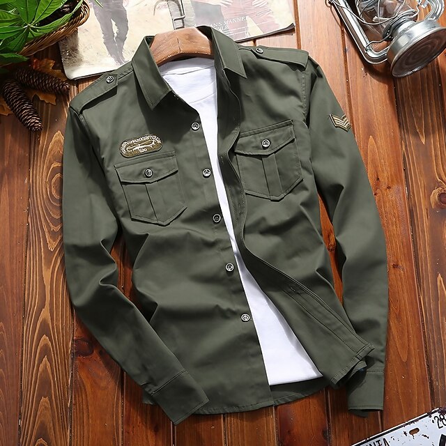 Men's Work Shirt Button Up Shirt Cargo Shirt Overshirt Army Green Royal Blue Khaki Long Sleeve Graphic Prints Classic Collar Work Camping & Hiking Embroidered Clothing Apparel 100% Cotton Casual 5