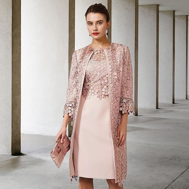  Two Piece Sheath Mother of the Bride Dress Church Elegant Jewel Neck Knee Length Chiffon Lace Short Sleeve Jacket Dresses with Appliques free custom size
