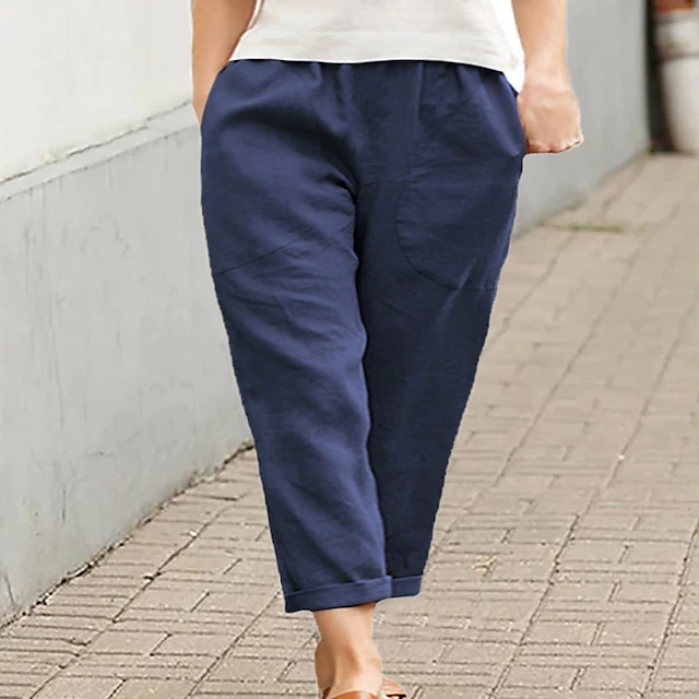 Women's Pants Trousers Baggy Ankle-Length Cotton Linen Pocket Baggy ...