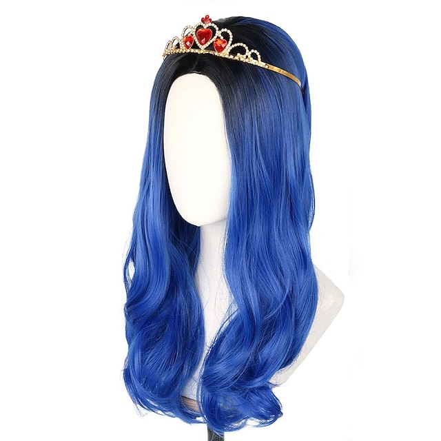  peruca azul topcosplay para crianças meninas peruca longa ondulada traje de halloween peruca cosplay raízes pretas