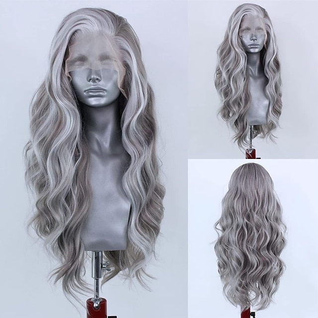  highlight ασημί γκρι body wave περούκα συνθετική δαντέλα μπροστινή περούκα για γυναίκες φυσική γραμμή μαλλιών συνθετική δαντέλα περούκα cosplay περούκα