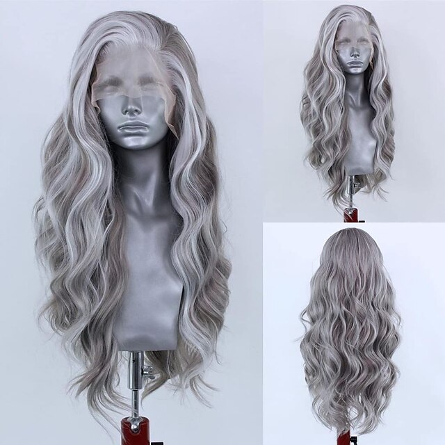 Highlight Silver Grey Body Wave Wig Synthetic Lace Front Wigs for Women ...