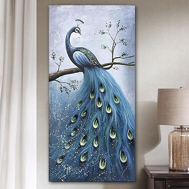  Handmade 3D Oil Painting Hand Painted Vertical Floral / Botanical Contemporary Modern Stretched Canvas Peacock