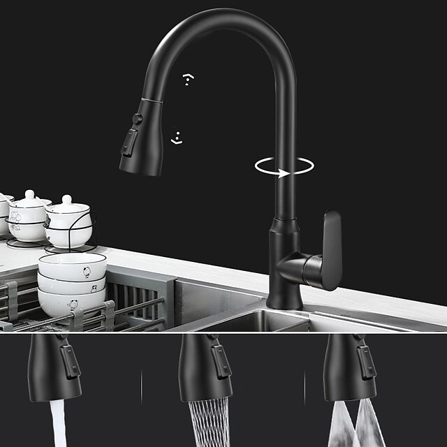  baterie de bucătărie cu pulverizator extractibil, cu un singur mâner, alamă, cu arc înalt, cu 3 moduri, robinete de bucătărie în stil minimalist (gri/negru/crom)