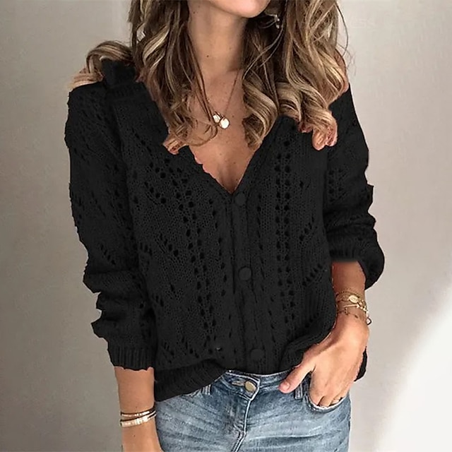 Women's Cardigan Sweater Jumper Crochet Knit Button Knitted V Neck Pure Color Outdoor Daily Stylish Casual Winter Fall Black Pink S M L
