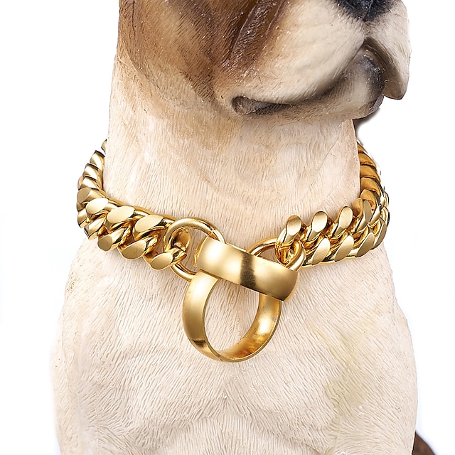  Lanț pentru câine cu lanț de dresaj din oțel inoxidabil nou de 14 mm, lanț cubanez lustruit în aur de 18k, colier pentru guler pentru câine de companie