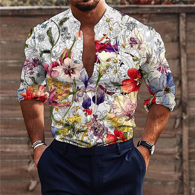 Men's Shirt Graphic Shirt Floral Stand Collar White+Red Black White ...