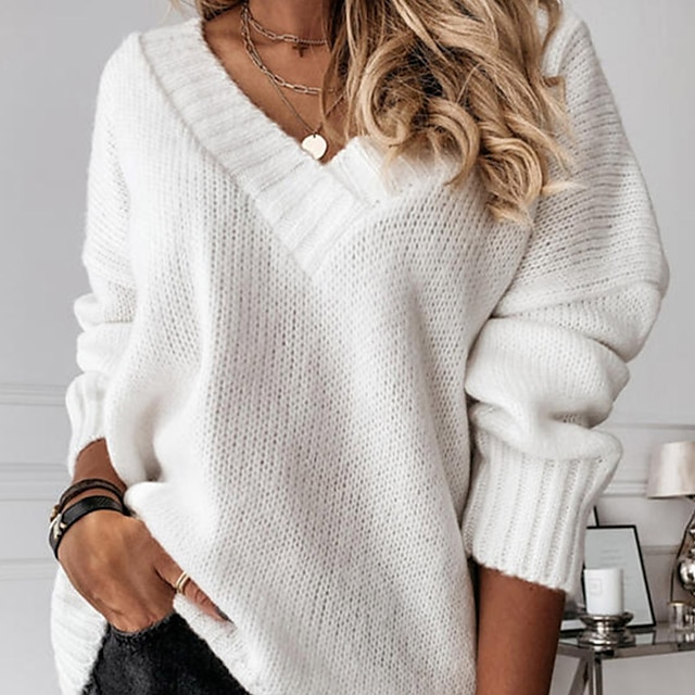  Women's Pullover Sweater jumper Jumper Crochet Knit Knitted V Neck Pure Color Outdoor Daily Stylish Casual Winter Fall Gray White S M L / Long Sleeve / Holiday / Regular Fit / Going out