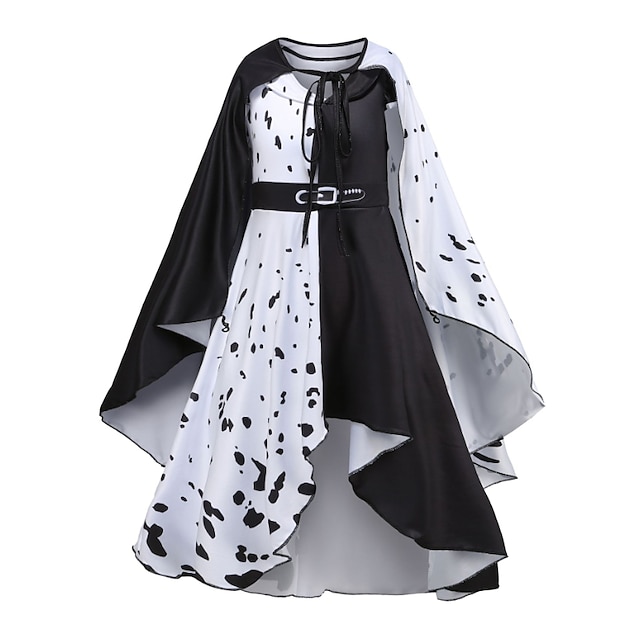  børn piger 101 dalmatiner cruella de vil kjole sæt 2 stk polka dot performance halloween sorte asymmetriske ærmeløse kostume kjoler 3-12 år