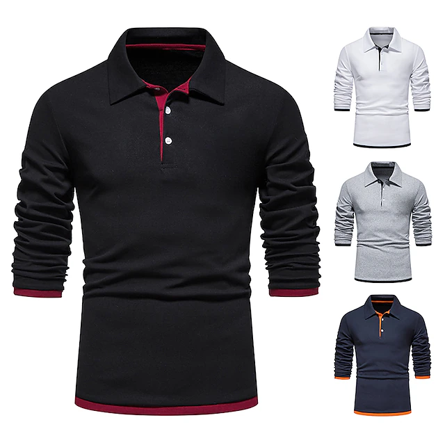 Men's Polo Shirt Golf Shirt Casual Daily Classic Collar Button Down Collar Long Sleeve Casual Color Block Button Front Spring & Summer Regular Fit Black White Navy Blue Light Grey Polo Shirt 16