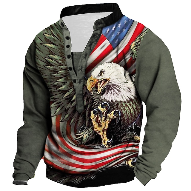  Men's Sweatshirt Pullover Button Up Hoodie Green Army Green Gray Standing Collar Graphic Prints Eagle Casual Daily Sports 3D Print Streetwear Designer Casual Fall Spring &  Fall Clothing Apparel