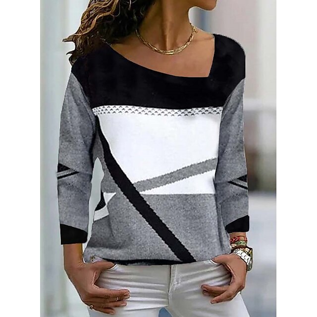  Women's Blouse Shirt Gray Color Block Holiday Weekend Long Sleeve V Neck Basic S