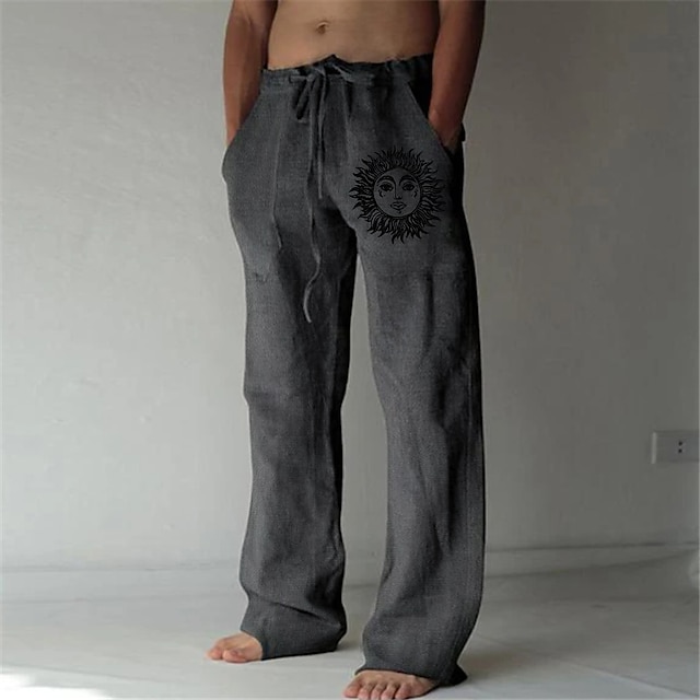 LVCBL Linnen broek heren zomer herfst losse casual linnen broek met zakken elastische tailleband, zwart, L