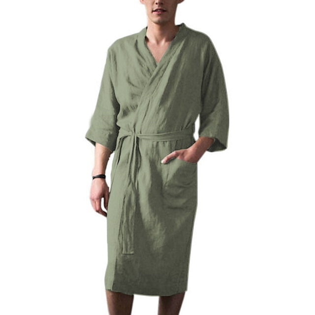  Hombre Pijamas Túnica Albornoces Pijama 1 pc Color puro Moda Confort Suave Hogar Cama Poliéster Transpirable Escote en V Manga Larga Básico Otoño Primavera Negro Verde Trébol