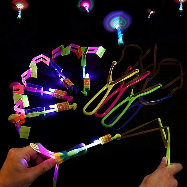  10pcs Amazing Led Light Arrow Rocket Helicopter Flying Toy Party Fun Gift Elastic Slingshot Flying Copters Birthdays Outdoor Game for Children Kidsfor Gift for Boy&Girls